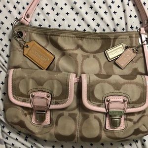 pink and tan coach purse with glittery c’s